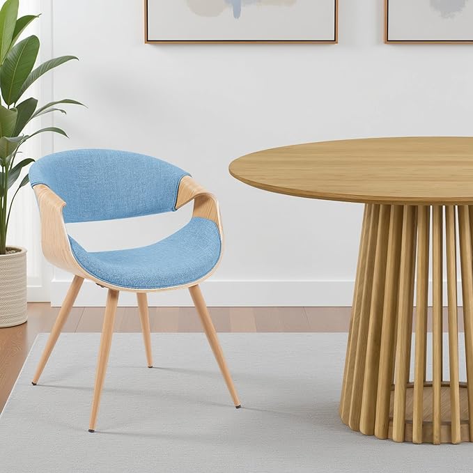 Armen Living Butterfly Mid-Century Dining Chair with Light Blue Fabric Upholstered Seat and Oak Finish
