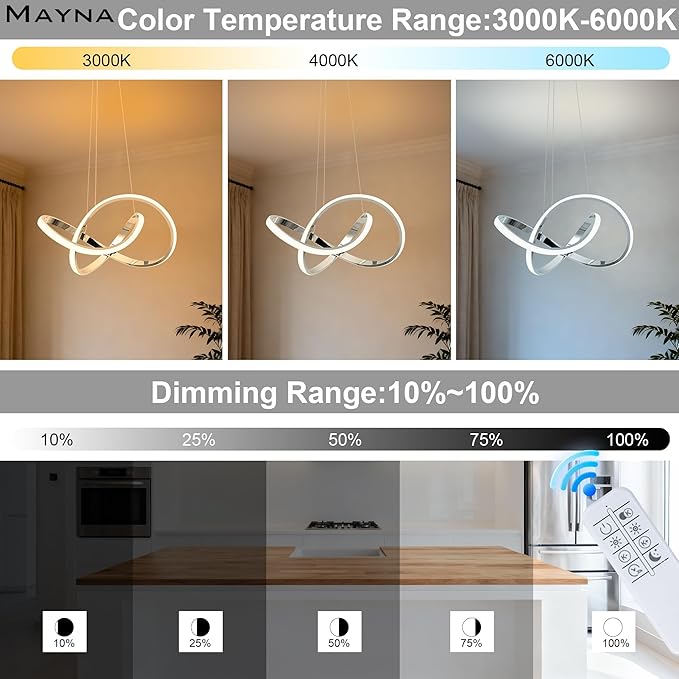 MAYNA Modern LED Chandelier for Dining Room, Dimmable LED Pendant Light with Remote, Irregular Infinity Light Fixture for Kitchen Island, 3 Color Changeable Chandelier, Chrome 19.7 inch