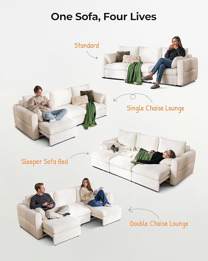 103" Electric Pull Out Sleeper Sofa Bed, 2in1 Convertible Power Extendable Couch Bed with Fast Charging USB&3 Smart Motor&Wide Back, Oversized Couches for Living Room&Small Space, Velvet Beige | Electric Extendable, Stepless Adjustment, Fast-Charging P...