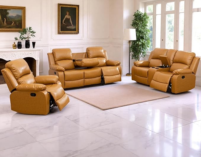 Manual Recliner Sofa Set Vegan Leather Reclining Sofa Set Living Room Furniture Sets Loveseat Couch Chair Set with Cup Holders/Storage Console/Drop Down Table for Home/Office (Ginger,3PCS Set)