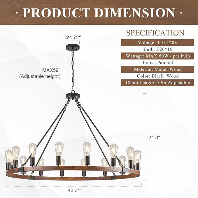 16 Lights Farmhouse Wagon Wheel Chandelier 43.3'' Rustic Wooden Light Fixture Black Round Chandelier Industrial for High Ceiling Living Dining Room Foyer Villa