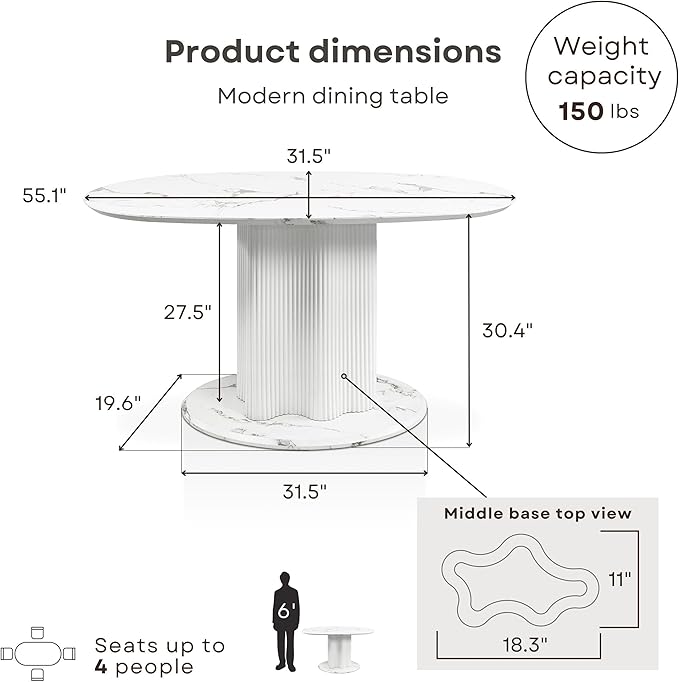 Homes: Inside + Out Elara Modern 54-inch Oval Dining Table with Fluted Pedestal Base, Seats up to 4, for Home Kitchen, Living Room, White