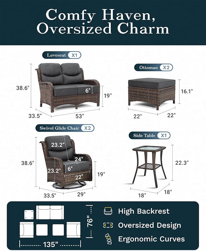 High Back Outdoor Furniture with Extra Thick Cushion Patio Swivel Rocking Chairs, Comfort Loveseat, 6PCS Oversized Wicker Conversation Set for Porch, Deck, Yard in Dark Gray