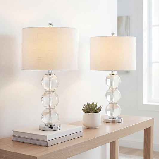 JONATHAN Y 27" Clear/Chrome Triple-Sphere Glass Table Lamp Set of 2, Bedside, White Linen Shade, Modern Table Lamps for Living Room, Bedroom, Office, LED Bulbs Included (JYL1070D-SET2)