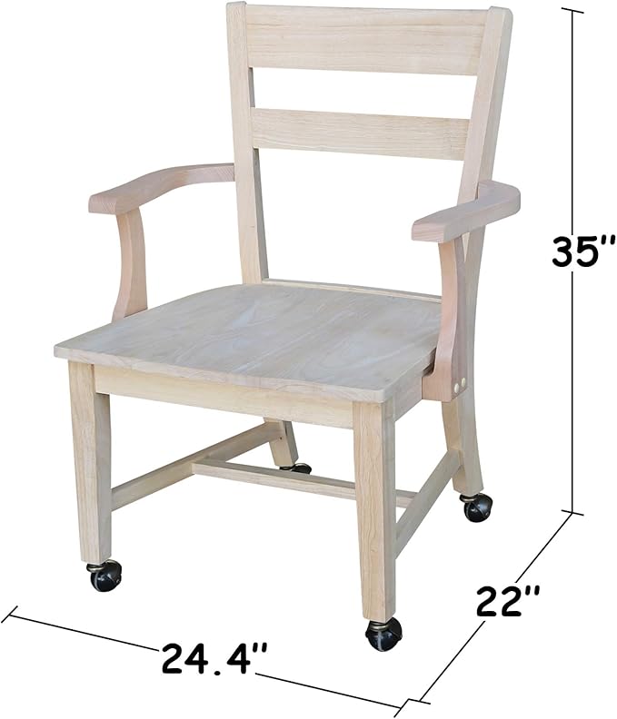 IC International Concepts, Solid Wood Dining Chair with Casters, Unfinished, 225lbs wt capacity, Solid Real Wood, Sturdy Parawood, DIY, Paint/Stain Ready, Unfinished