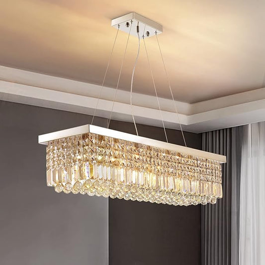 Siljoy 8 Lights Modern Crystal Chandeliers, Rectangular K9 Crystal Raindrop Chandelier, Rectangle Pendant Ceiling Light for Dining Room Kitchen Island, Adjustable Hanging Height, L40 x W10 x H10