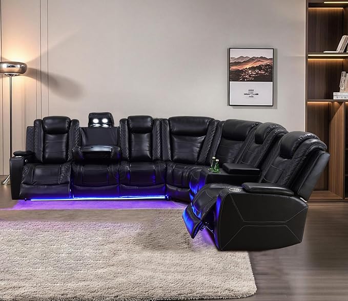 Power Recliner Sofa Sectional Couches with LED Light,Leather Reclining Corner Sectional Sofa with 2 Recliner Seats,Cup Holders,Storage Console for Living Room，Black