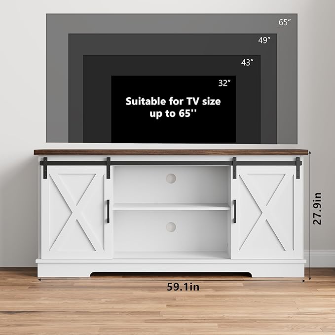 GarveeHome Farmhouse Tv Stand for 65 in TVs, Entertainment Center with Sliding Barn Doors and Adjustable Shelf, Modern Media TV Console TV Stand Table for Living Room, Bedroom, White