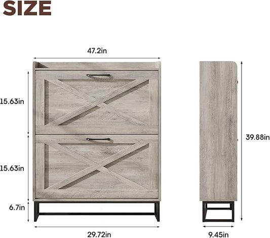 Maupvit Shoe Cabinet with 2 Flip Drawers, Freestanding Shoe Cabinet Organizer with Metal Legs, Shoes Storage Cabinet for Entryway, Narrow Shoe Rack Cabinet, Washed Gray