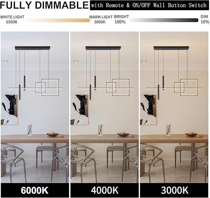 Modern LED Chandelier Lighting, Dimmable Linear Black Pendant Light with Squares, 39in Dining Room Hanging Light Fixture, Kitchen Island Pendant Light for Dining Table Bar (3000lm/50W)