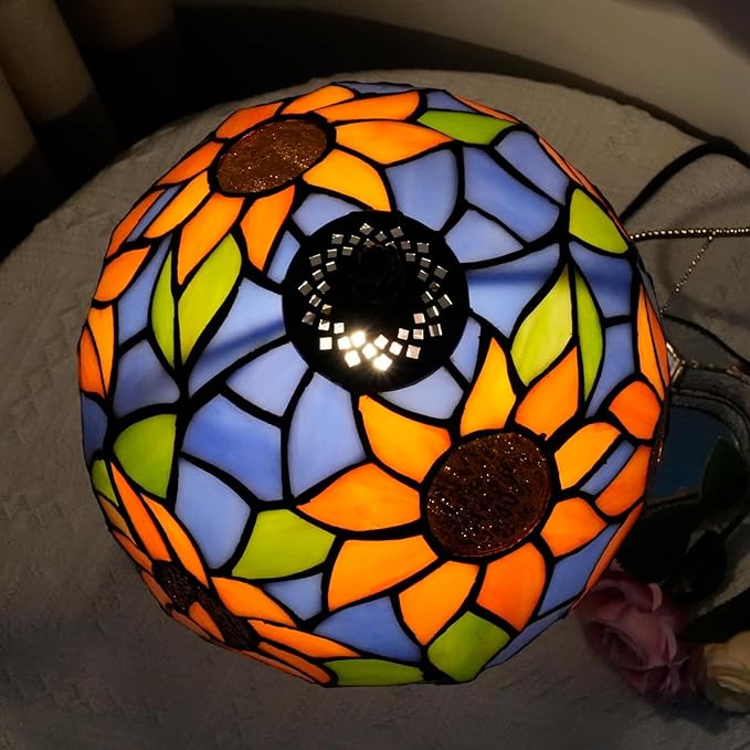 Tiffany Lamp Bedside Table Lamp-Nightstand,Stained Glass Lamp for Bedroom Dorm Living Kitchen, Aesthetic Cute Home Decor Gift (Blue Background Sunflower)