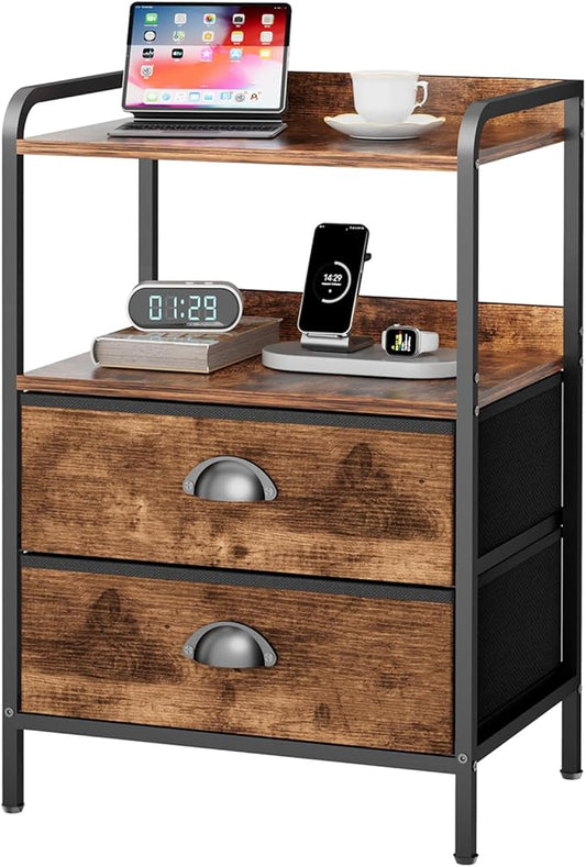 Night Stand with 2 Fabric Drawer and Sturdy Metal Frame, Lightweight & Durable -55LB Load Capacity, Wear-Resistant & Easy-Clean Surface,Rustic Brown Modern