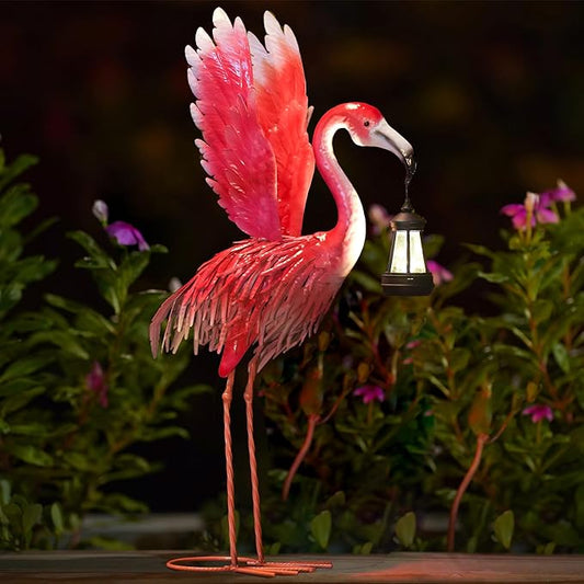 Goodeco 25.6" Metal Flamingo Statue with Solar Lantern - Pink Flamingo for Garden Yard Patio Decorations, Perfect Flamingo Gifts (Flamingo)