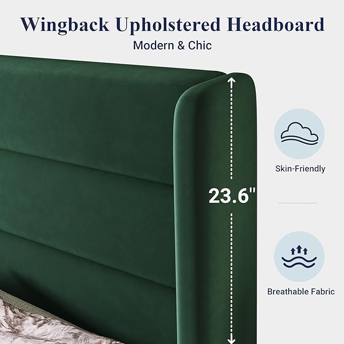 Allewie Full Size Platform Bed Frame with Velvet Upholstered Wingback Headboard, No Box Spring Needed, Under Bed Storage Space, Strong Wooden Slats, Modern Mattress Foundation, Easy Assembly, Green