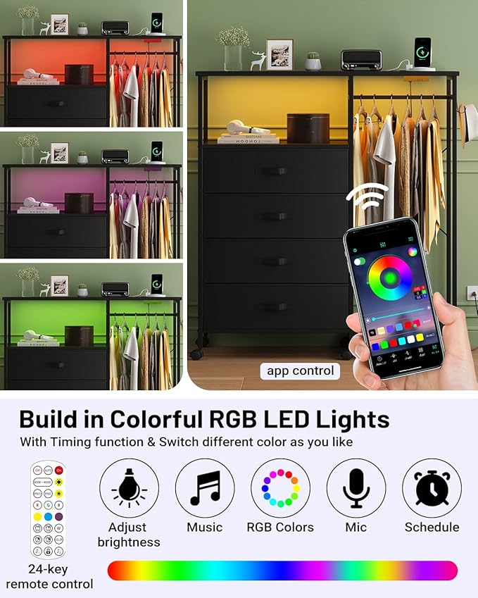 Dresser for Bedroom with Clothes Rack, 4 Drawers Dresser with Charging Station and LED Lights, Storage Chest of Drawers with Wheels, Wooden Top, for Closet, Living Room, Hallway, Black