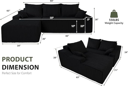 HABUTWAY 94'' Cloud Sectional Couch, Boneless Sofa with Deep Seat, Modular Comfy L-Shape Couch with Chaise for Living Room Bedroom, No Assembly Required(Black,Left Facing Chaise)