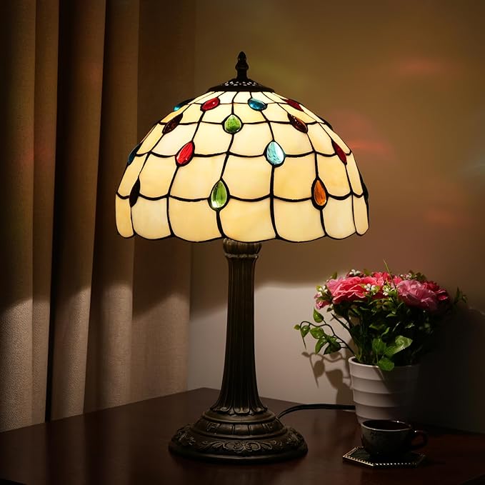Tiffany Lamp Stained Glass lamp 12 inches Bedside Table Lamps for Living Room Bedroom Dorm Kitchen Home Decor Festival Birthday Gift,Colorful Beads