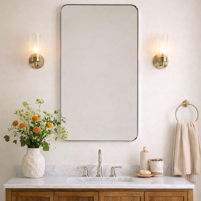 GRACTO 24x40'' Brushed Gold Metal Framed Bathroom Mirror for Wall in Stainless Steel Rounded Rectangular Bathroom Vanity Mirrors Wall Mounted