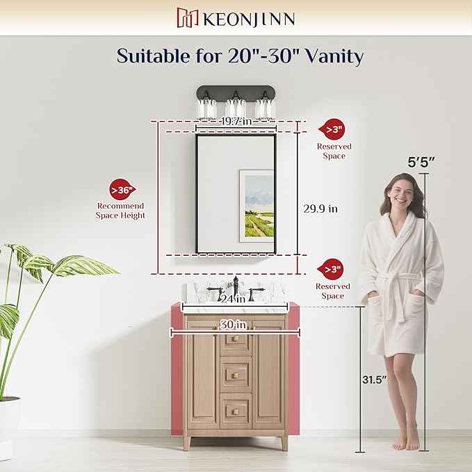 Keonjinn 20 x 30 Inch Black Bathroom Mirrors for Over Sink, Beveled Rectangle Framed Mirrors for Wall, Black Bathroom Vanity Mirror, Tempered Glass, Farmhouse Style, Hangs Horizontally or Vertically
