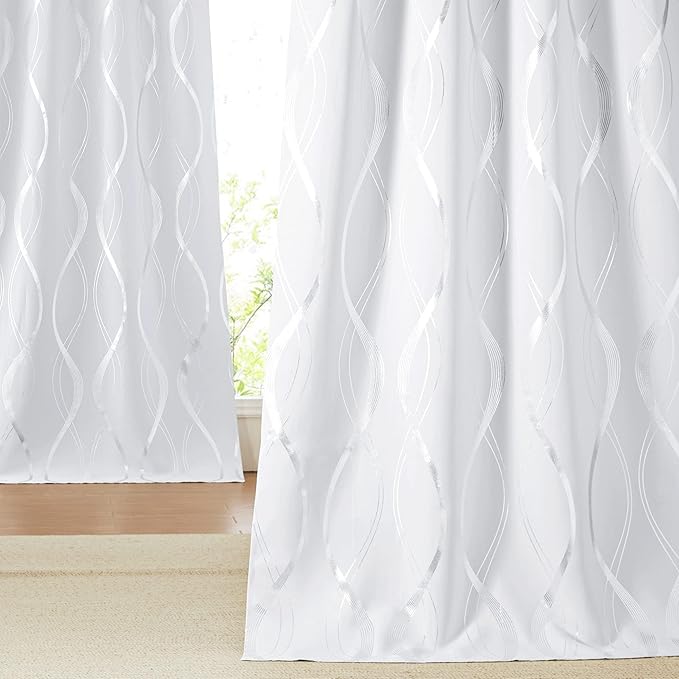 NICETOWN Room Darkening Curtain Panels for Living Room, 52 inches by 90 inches, Greyish White, Home Fashion Decor Foil Printed Wave Lines Thermal Insulated for Bedroom/Nursery