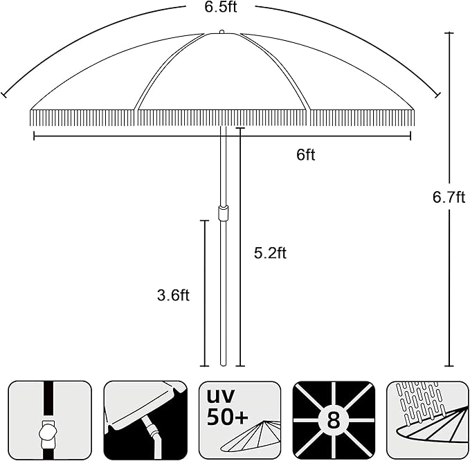 AMMSUN 6.5ft Heavy Duty HIGH Wind fringe Beach Umbrella with sand anchor, Fringe Umbrella Outdoor Patio Tilt Sun Shelter, UPF 50+ Windproof Outdoor Sunshade Umbrellas Carry Bag for Patio Garden Backyard Pool Sports