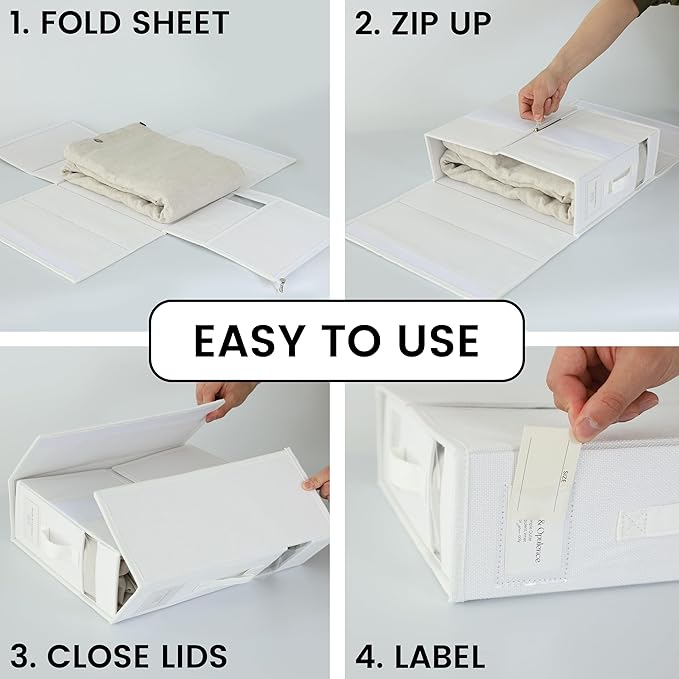 Simple&Opulence 4 Pack Bed Sheet Organizers and Storage, Linen Closet Organizers, Sheets Set Folder Storages with Window and Label (Queen/King Size) Organizing Bedding Container, White
