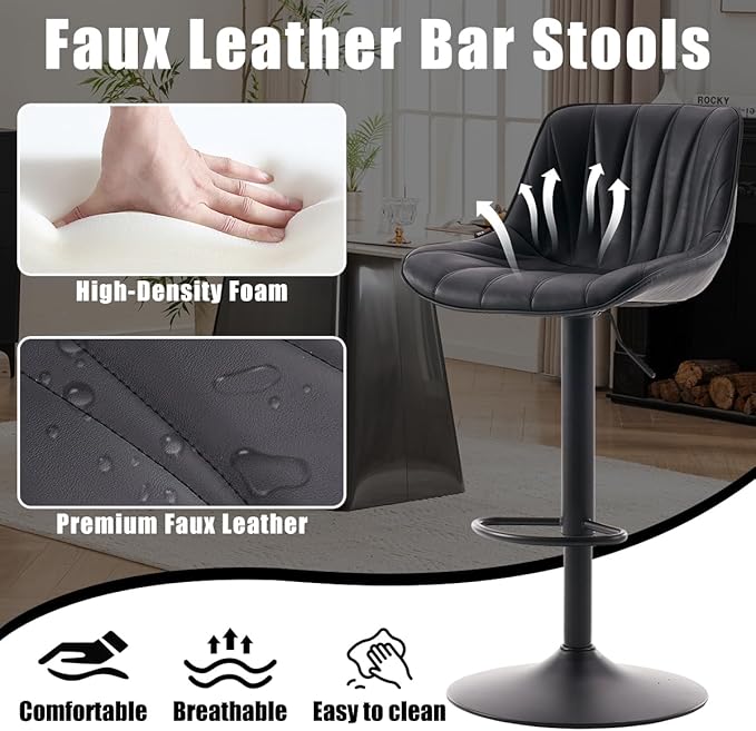 Kidol & Shellder Bar Stools Set of 2 Black Adjustable Swivel Counter Height Barstools Upholstered Modern PU Leather Bar Chairs Stools for Kitchen Island