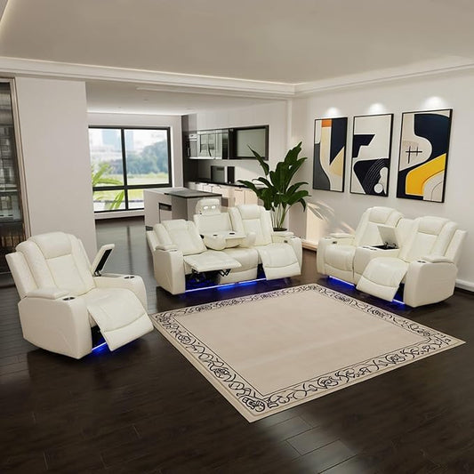 Power Leather Recliner Sofa Set with LED Light,Reclining Couch Set with USB Charger/Cup Holder/Storage,Leather Couch for Living Room Furniture Sets(3+2+1 Seats,Cream Stripes)