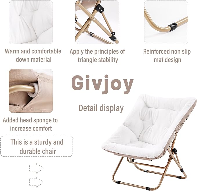 Comfy Folded Chair with Ottoman, Oversized Folding Faux Fur Chair Soft Furry Lazy Chair with Metal Frame Moon Chair Accent Chair for Bedroom, Living Room, Dorm Rooms
