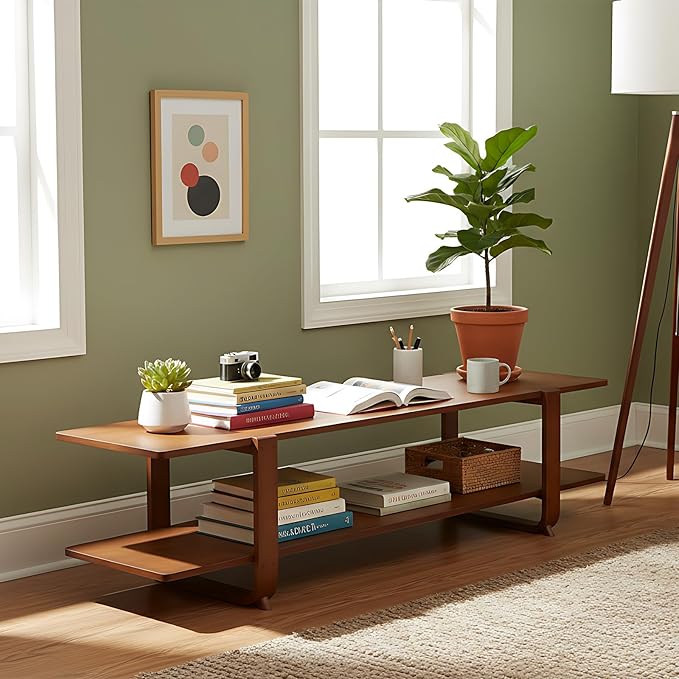 Welnow Bamboo TV Stand for Up to 65 Inch, Mid Century Modern Entertainment Center with 2-Tier Open Shelves, Storage Media Console Table for Living Room, Bedroom, Walnut
