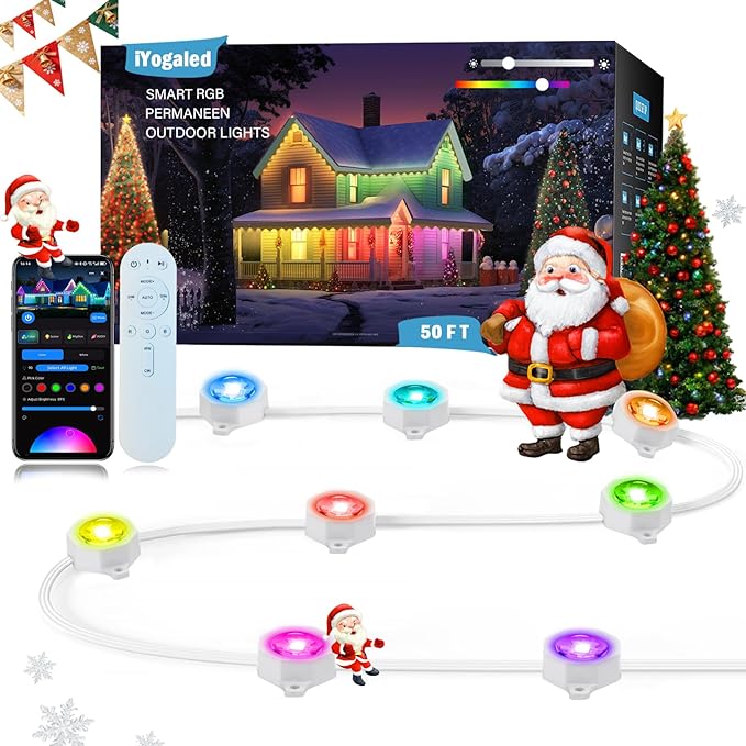 Permanent Outdoor Lights for House, 50ft Smart RGB Permanent Outdoor Eave Lights with 63 Scene Modes,IP65 Waterproof LED Holiday Lighting for Party Halloween Christmas Decoration