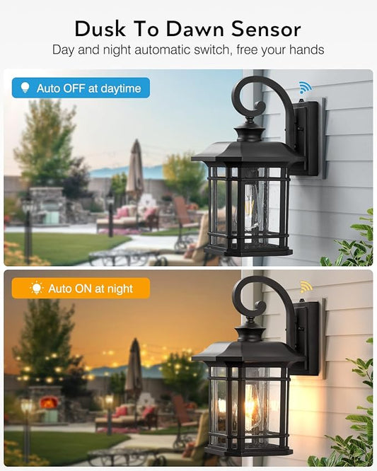 VIANIS 16.7 in Large Black Dusk to Dawn Outdoor Lighting, Anti-Rust Porch Light Fixture with Seed Tempered Glass, Waterproof Outdoor Wall Lights, Exterior Lighting Fixtures for House, Garden, Garage
