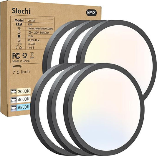 slochi 6 Pack Flush Mount Ceiling Light, 3000K-4000K-6500K Ceiling Light Fixture 7.5Inch, Ultra Thin Round White Flat led Lights for Bathroom Hallways Closet Laundry Bedroom Kitchen