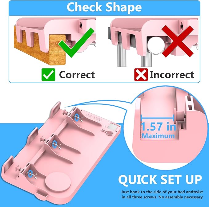 Bedside Shelf for Dorm Bunk Bed with USB Charging Port and 2 AC Outlets, Bed Side Table Tray Organizer, College Dorm Essential Clip On Bedside Tray, Loft Nightstand Decor, Plus Size, Pink