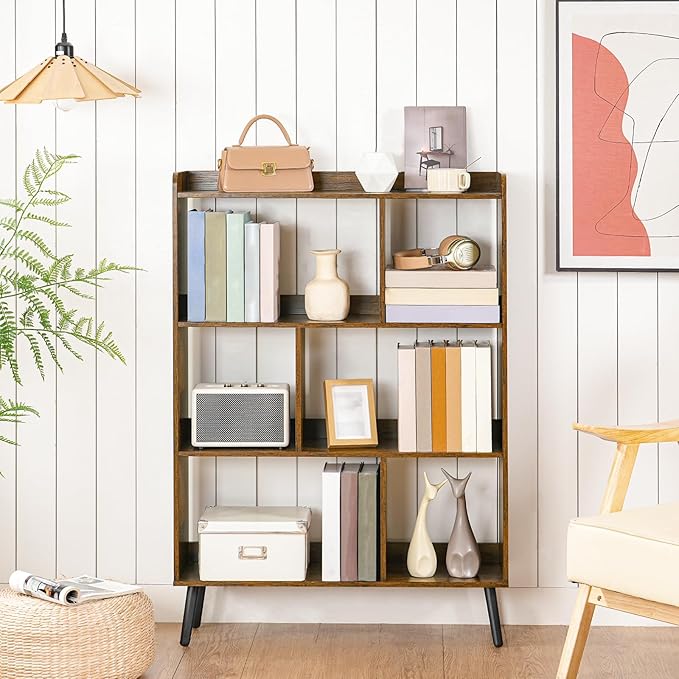 HOOBRO 6 Cube Bookshelf, 4 Tier Bookcase with Legs, Mid-Century Modern Bookshelves, Large Open Storage Shelf, Wooden Book Case for Living Room, Bedroom, Office, Kitchen, Rustic Brown FG116SJ01