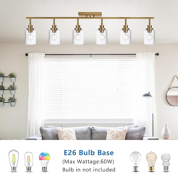 MELUCEE 6 Light Bathroom Vanity Light Fixtures Multi-Directional Rotating Track Lighting Kit Brass, Ceiling Spotlight Fixture for Kitchen Foyer Bath, Clear Glass Shade