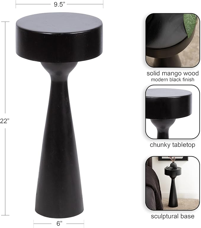 Kate and Laurel Solbrett Modern Sophisticated Round Drink Table; 10 x 10 x 22; Black; Contemporary Sculptural Bedroom Nightstand with Unique Pedestal Table Design for Use as Indoor Plant Stand