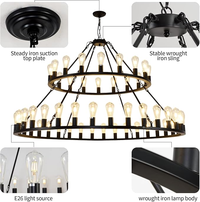Wagon Wheel Chandelier 2 Tier 54-Light 60-inch, Farmhouse Industrial Chandelier Black Rustic Pendant Light Fixture Extra Large for High Ceilings, Living Room Foyer