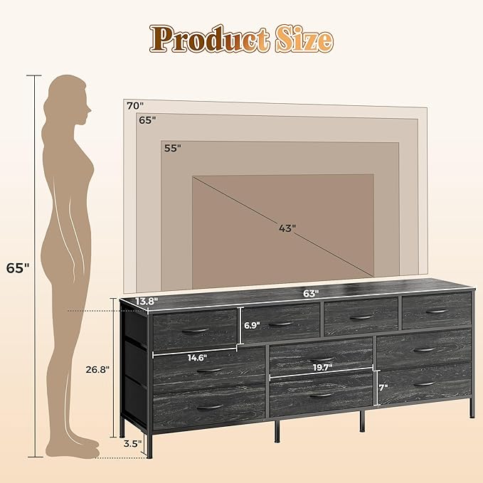 Huuger 63 Inch Dresser for Bedroom, Long Dresser with 10 Fabric Drawers, Large TV Stand for 55, 65, 70 Inch TV, Toy Storage Organizer for Closet, Charcoal Black Wood Grain Print