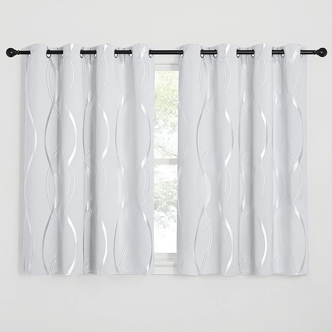 NICETOWN Greyish White Blackout Curtains for Bedroom, Microfiber Noise Reducing Thermal Insulated Wave Line Foil Print Design Blackout Curtains for Office, Classroom (2 Panels, 52 x 54 Inch)