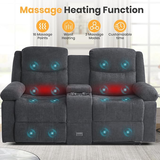 Loveseat Recliner Sofa with Massage & Heating, Reclining Loveseat with Console, RV Wall Hugger Double Loveseat Recliner Couch for Living Room & Home Theater (Chenille-Grey)