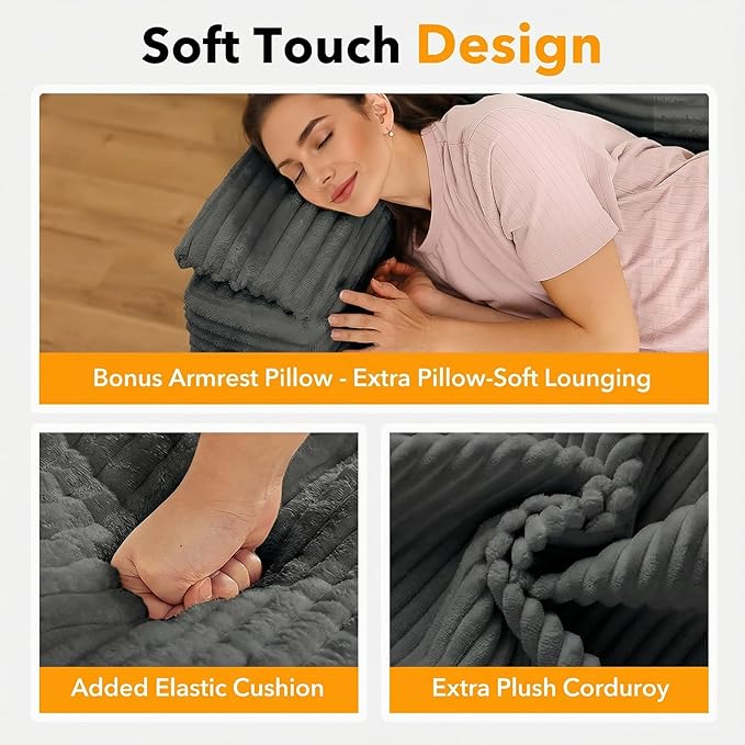 83" Boneless Couch, 3 Seater Cloud Corduroy Sofa in a Box with Deep Tufted Cushions, Zero Assembly, Removable Washable Cover, Family-Friendly Living Room Couch, Dark Grey