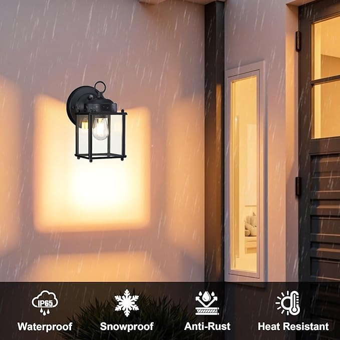 GRUENLICH Dusk to Dawn Outdoor Wall Lantern, Exterior Wall Sconce Light Fixture, Wall Mount, Outside Porch Lighting with Clear Glass for House, Patio, Matte Black, 2 Pack