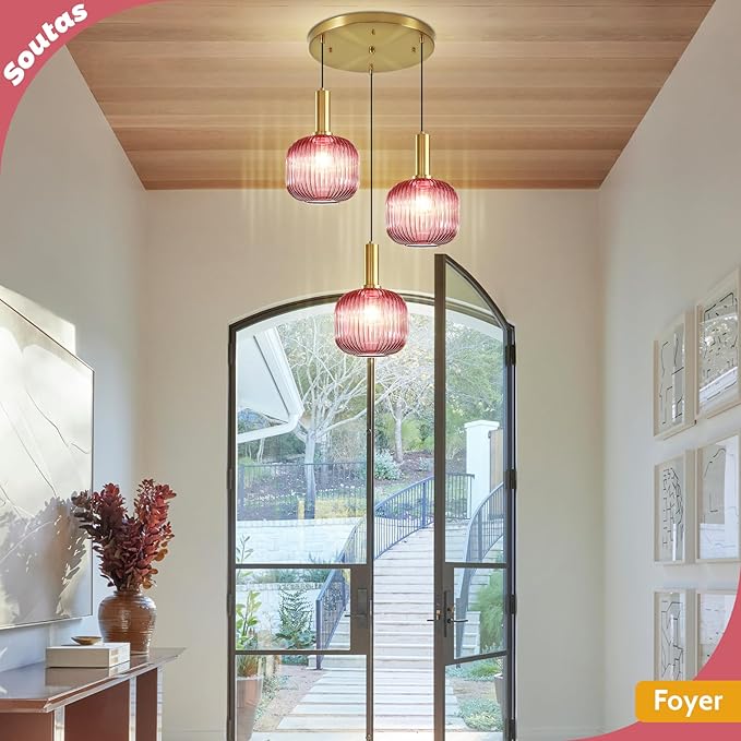 3-Light Glass Pendant Chandelier Pink Pendant Light Vintage Cluster Pendant Lights Kitchen Island Gold Light Fixtures Ceiling Hanging Dining Room Lights Over Table Lighting