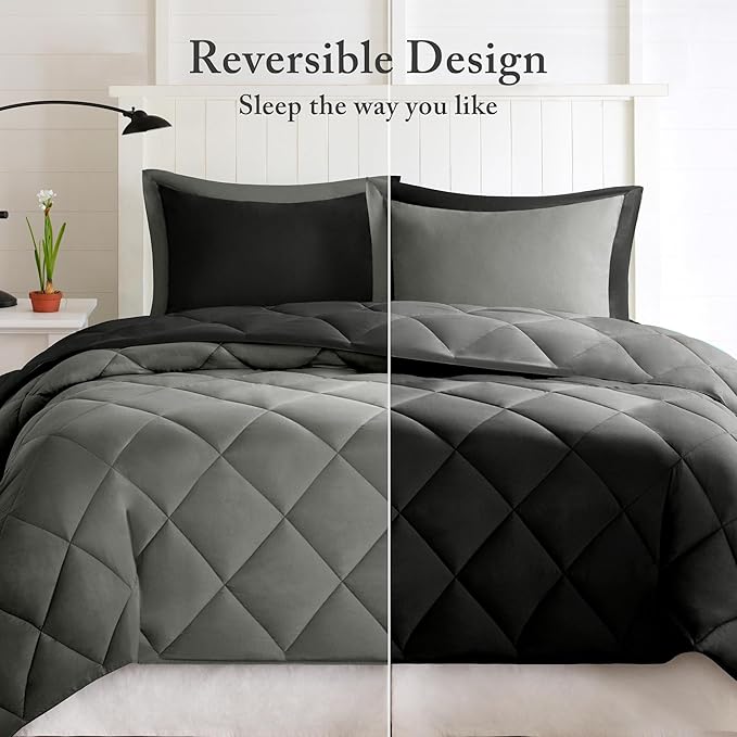 Madison Park Comforter Set, Reversible Down Alternative All Season Microfiber Bedding, 3M Scotchgard Stain Release, Full/Queen Dorm Comforter, Black/Grey