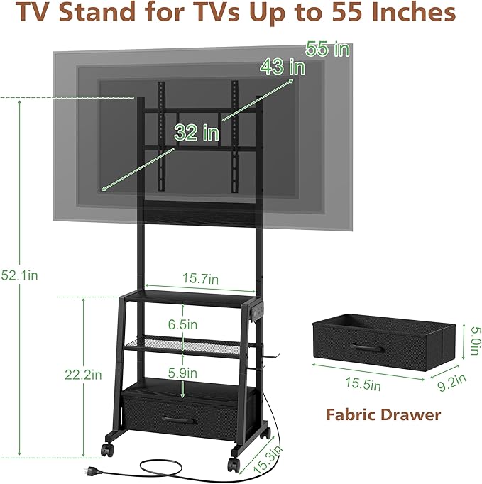 Rolling TV Stand with Wheels and Mount - Small Corner TV Stand with Power Outlet for 32-55 inch TV, Entertainment Center with Fabric Drawer Storage for Living Room Bedroom, Black
