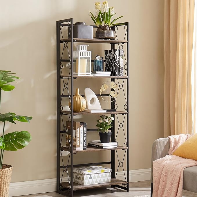 VECELO Folding Bookshelf, 5 Shelf Folding Bookcase No Assembly, Industrial Metal Freestanding Shelves Rack Organizer for Living Room, Office, Bedroom, Kitchen