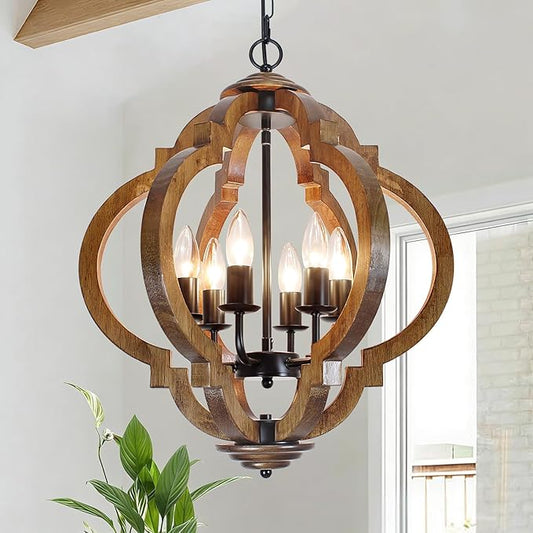 18.5" Farmhouse Chandelier for Dining Room, 6-Light Farmhouse Wood Chandelier, Rustic Dining Room Light Fixture, Rustic Pendant Lighting for Kitchen Island Living Room Bedroom Foyer