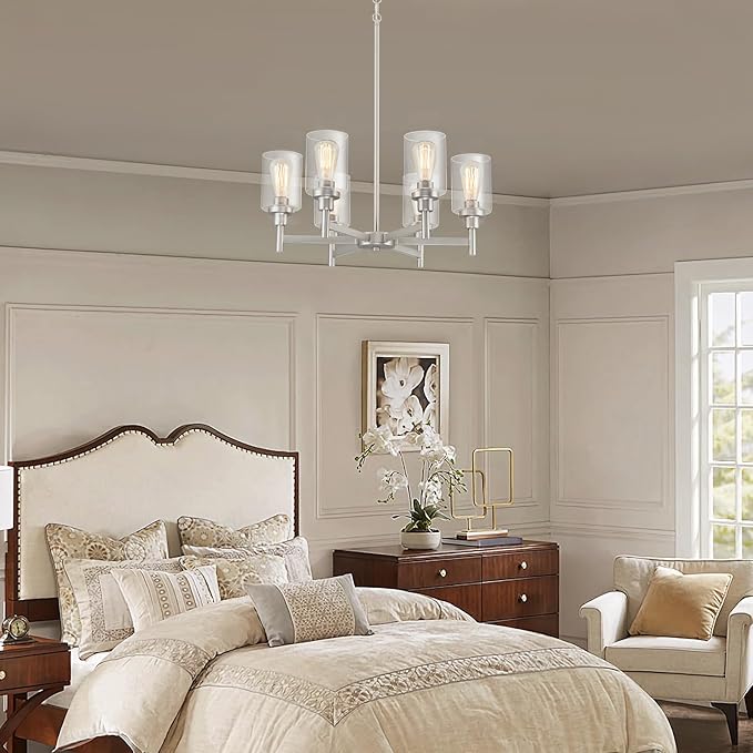 Brushed Nickel Chandelier | 6 Lights Farmhouse Chandeliers for Dining Room Light Fixtures Over Table | Hallway Lighting with Clear Glass Shade for Living Room | Kitchen | Entryway | Bedroom | Bathroom