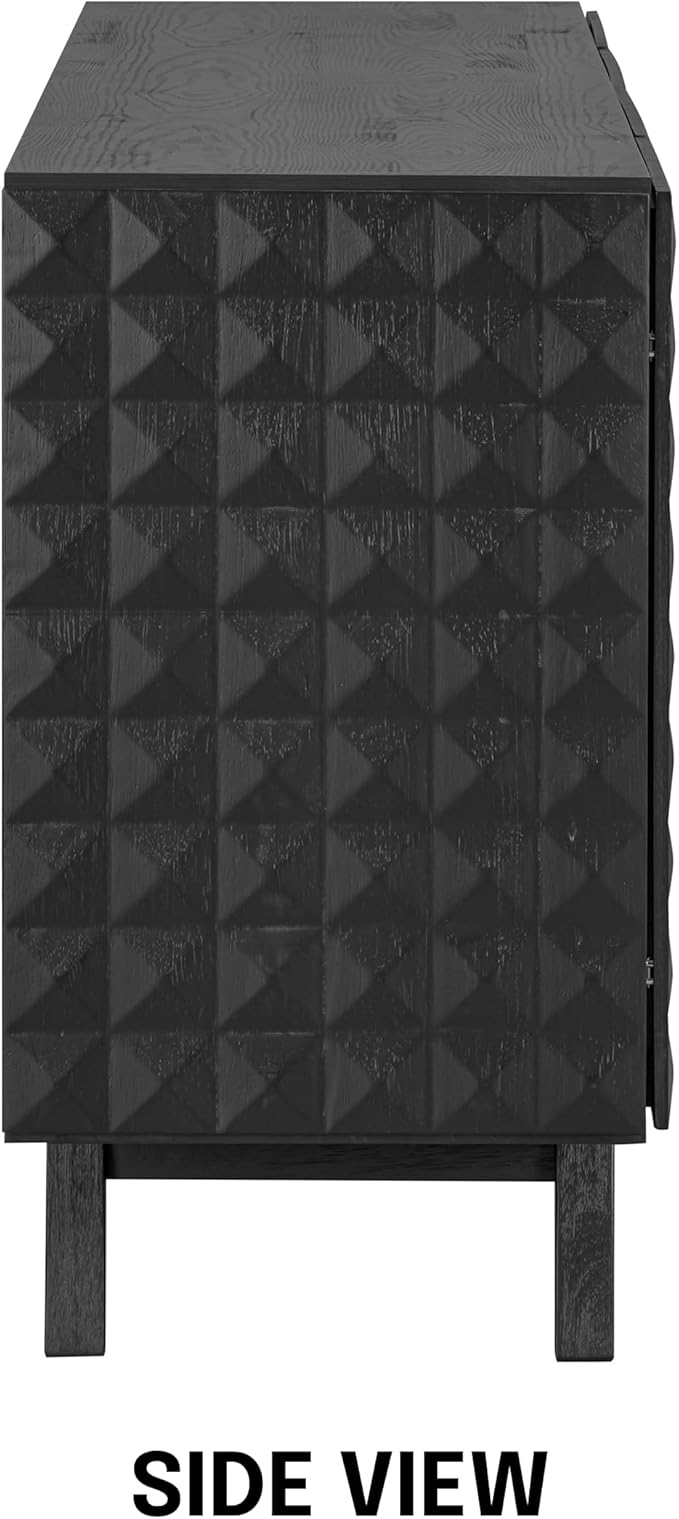 NTC Sapa Mid-Century Modern Solid Wood Sideboard – 4-Door Accent Buffet Cabinet with Carved Geometric Fronts, for Living Room, or Entryway, Effortless Assembly, Burnt Black